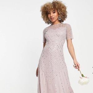 Bridesmaid short sleeve maxi dress with embellishment in dusty mauve